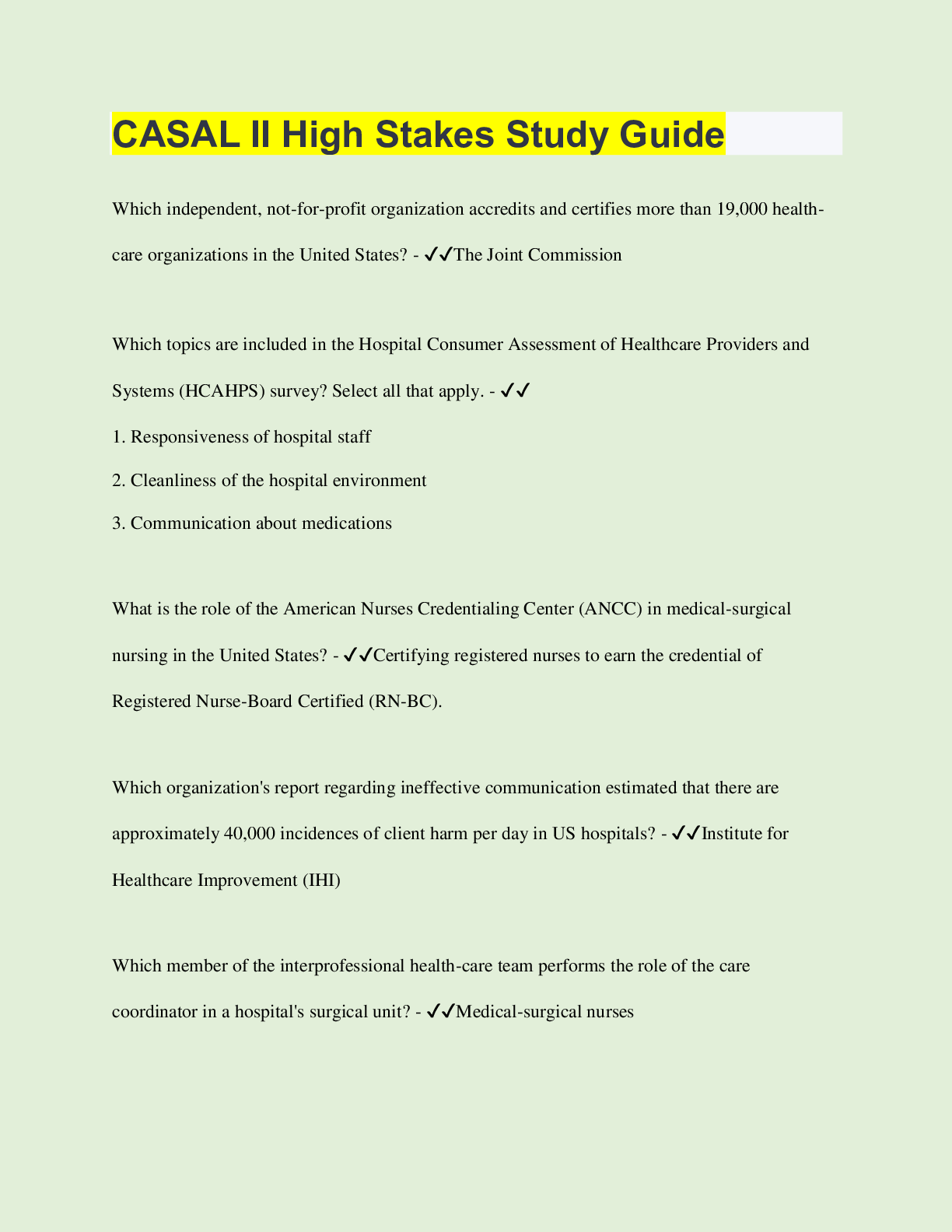 Preview image for CASAL II High Stakes Study Guide | 420 Questions with 100% Correct Answers | Verified | Latest Update | 84 Pages